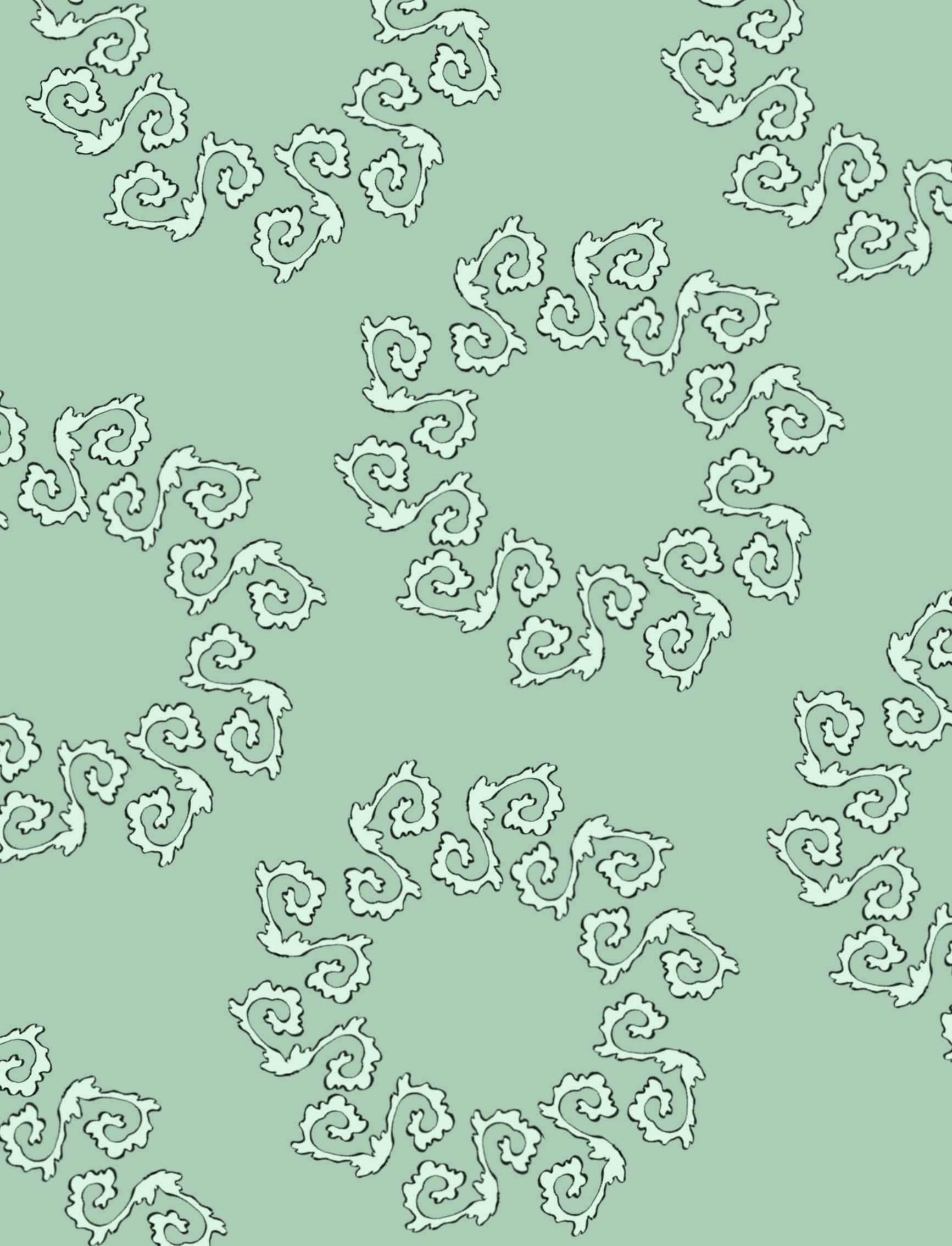 Pale Teal Scroll Flowers in a Cloud-Motif Repeat — Suitman Pattern 7