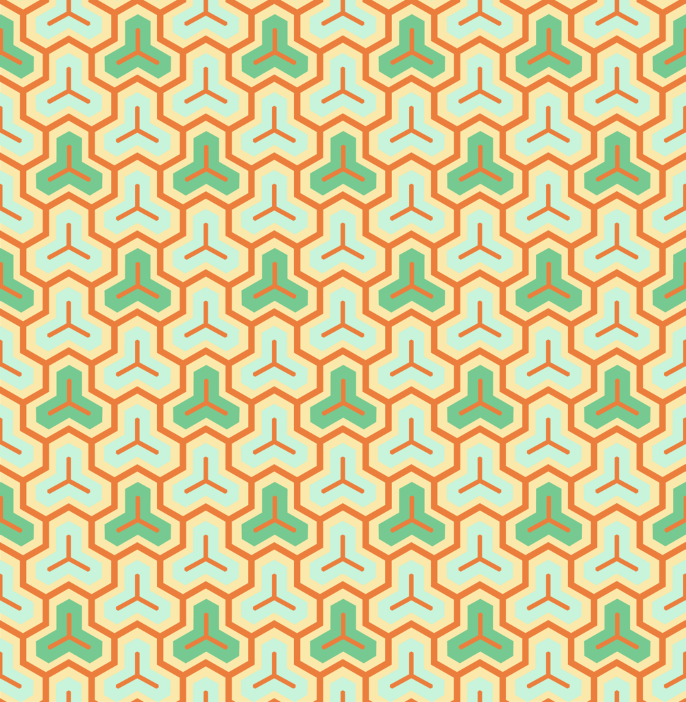 Teal and Yellow Triangular Lattice on Orange — Suitman Pattern 221