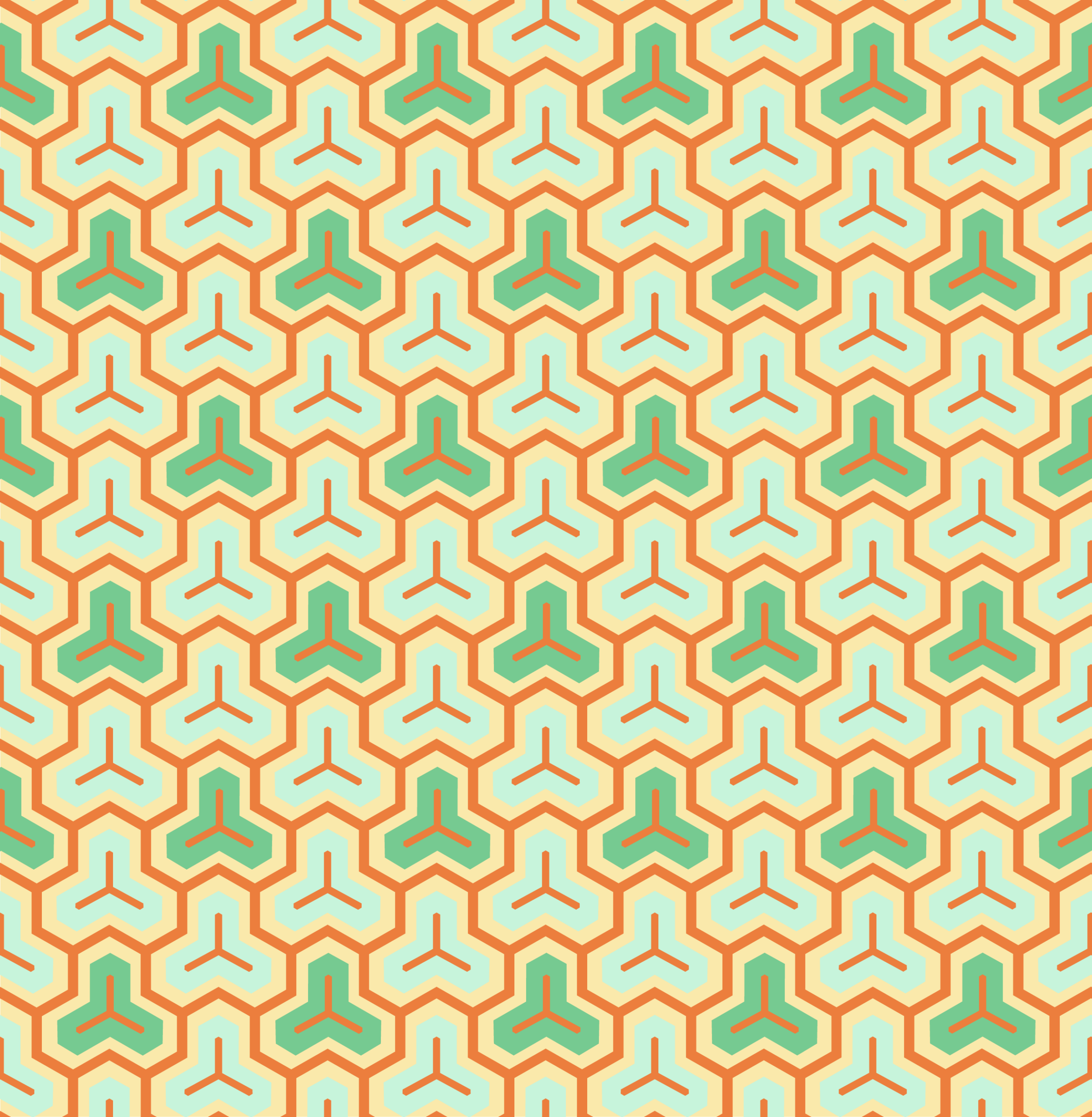Teal and Yellow Triangular Lattice on Orange — Suitman Pattern 221