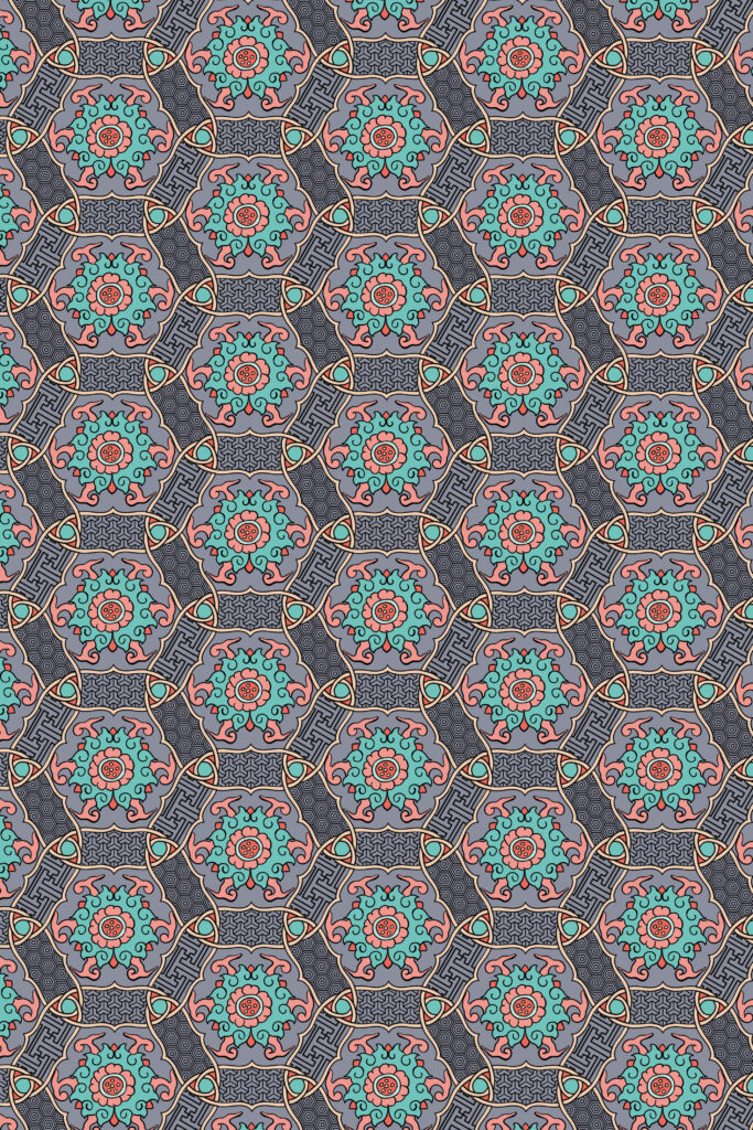 Ornamental Floral Roundels in Diamond Frames on Dark Grey — Suitman Pattern 281