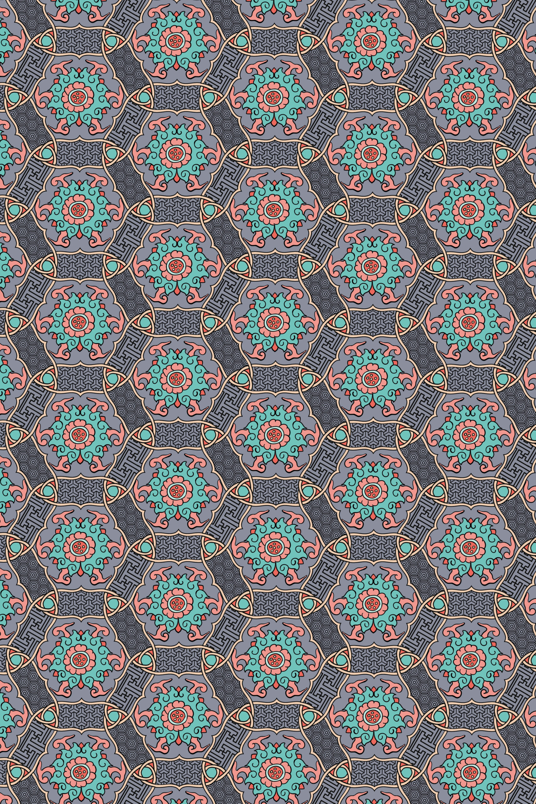 Ornamental Floral Roundels in Diamond Frames on Dark Grey — Suitman Pattern 281