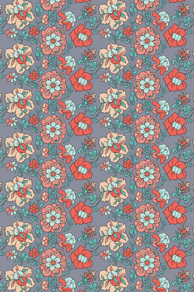 Multicolored Scrolling Flowers on Grey-Lilac — Suitman Pattern 278