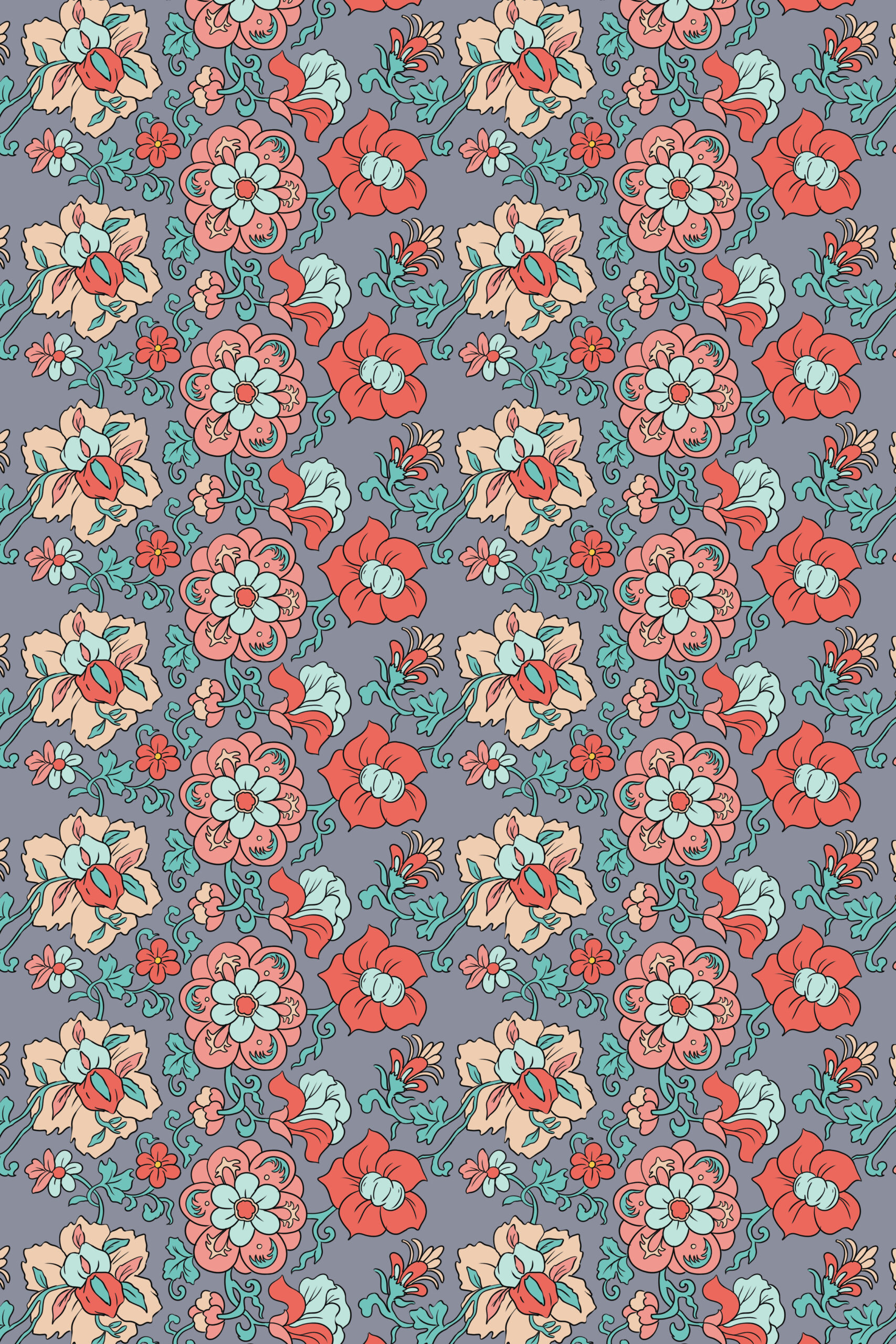 Multicolored Scrolling Flowers on Grey-Lilac — Suitman Pattern 278
