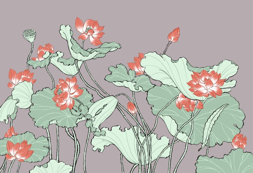 Red Lotus and Jade-Green Leaves on Grey-Lilac — Suitman Pattern 188