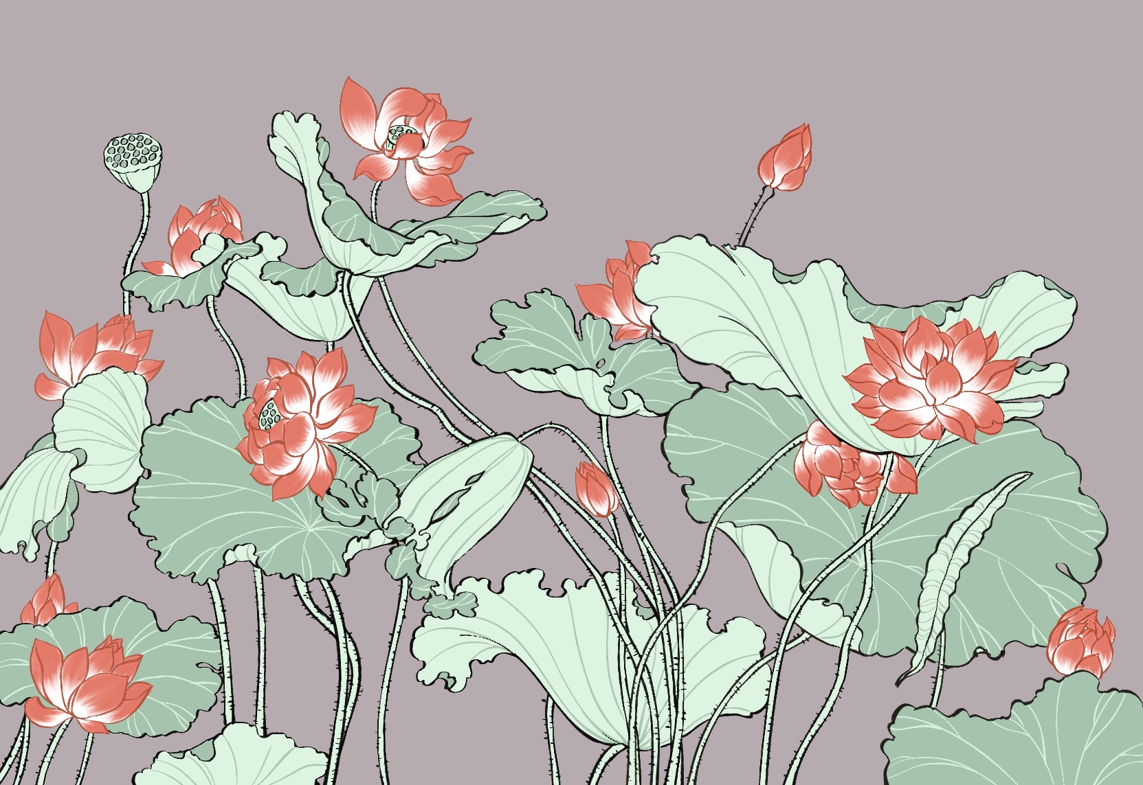 Red Lotus and Jade-Green Leaves on Grey-Lilac — Suitman Pattern 188