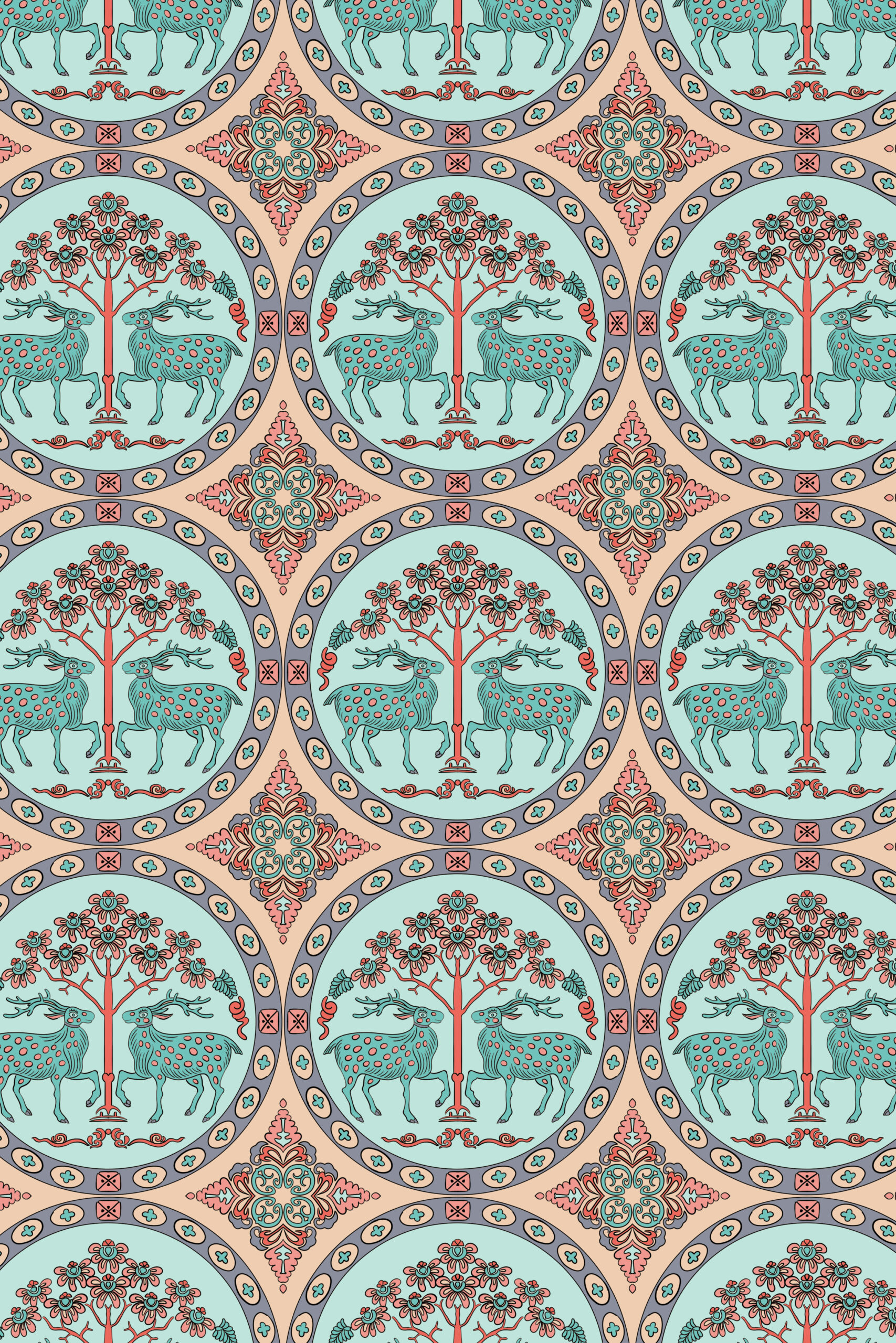 Paired Deer and Auspicious Trees in Latticed Roundels — Suitman Pattern 275
