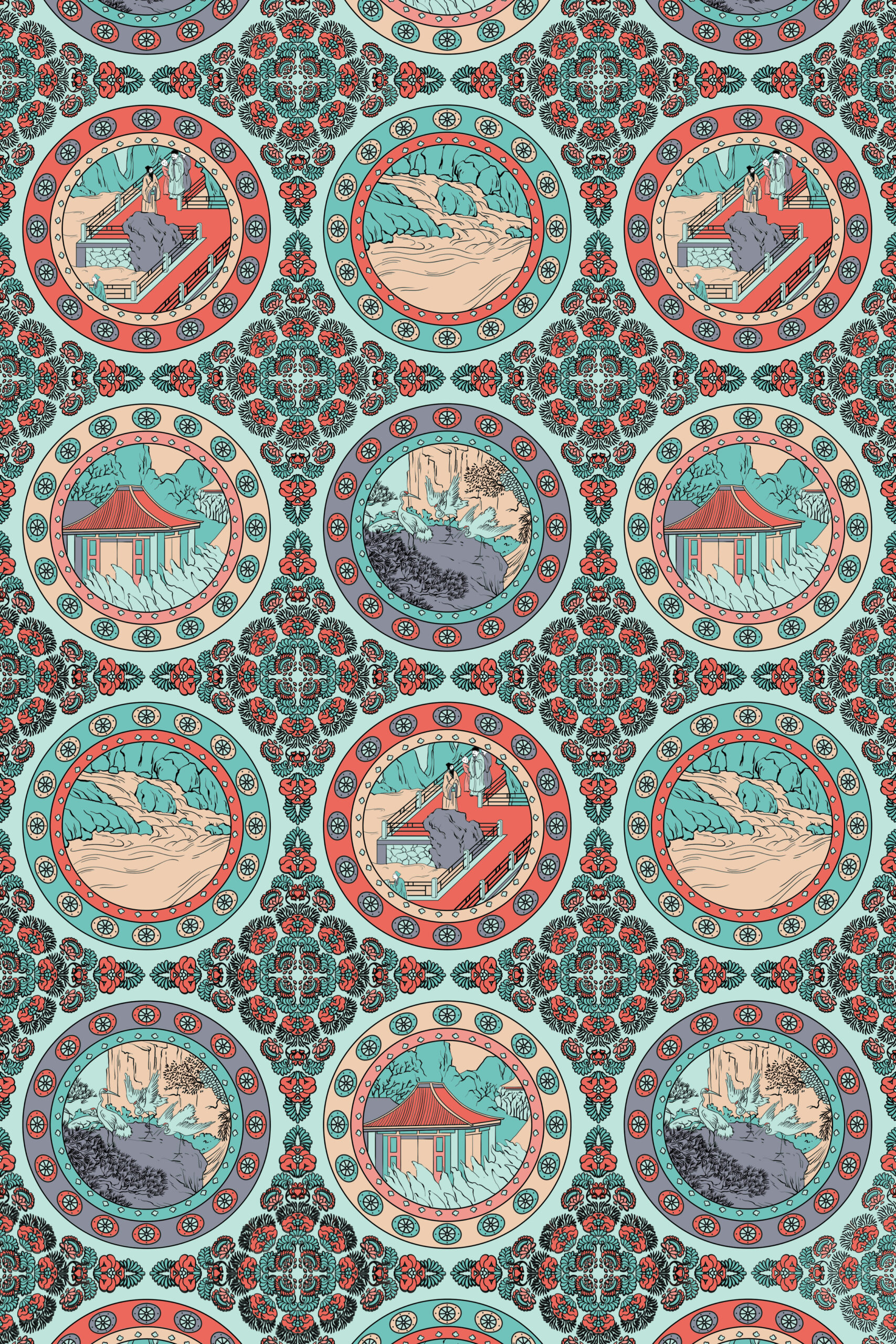 Pavilions and Landscapes in Linked Roundels — Suitman Pattern 279
