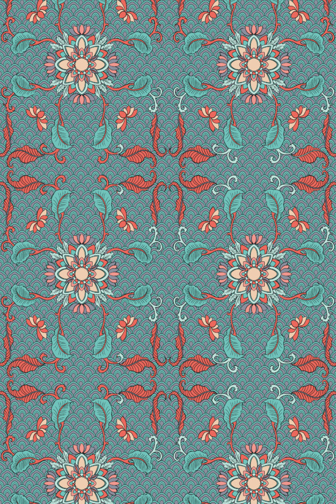 Scrolling Floral Sprays on Teal Waves — Suitman Pattern 271