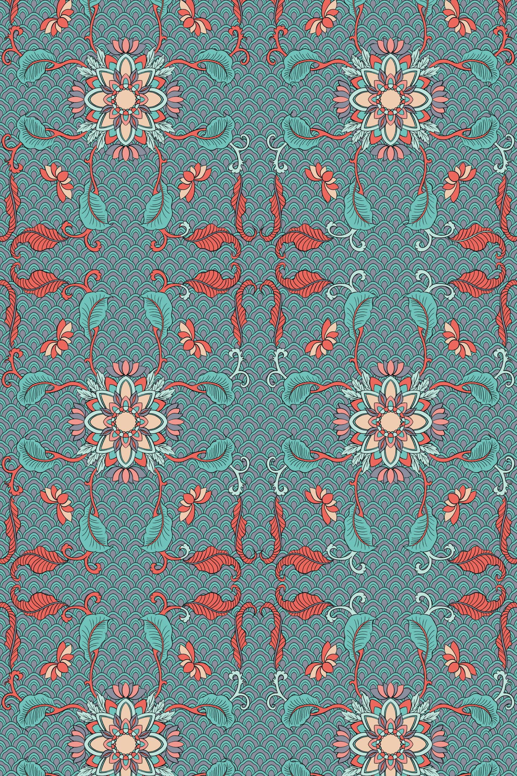 Scrolling Floral Sprays on Teal Waves — Suitman Pattern 271